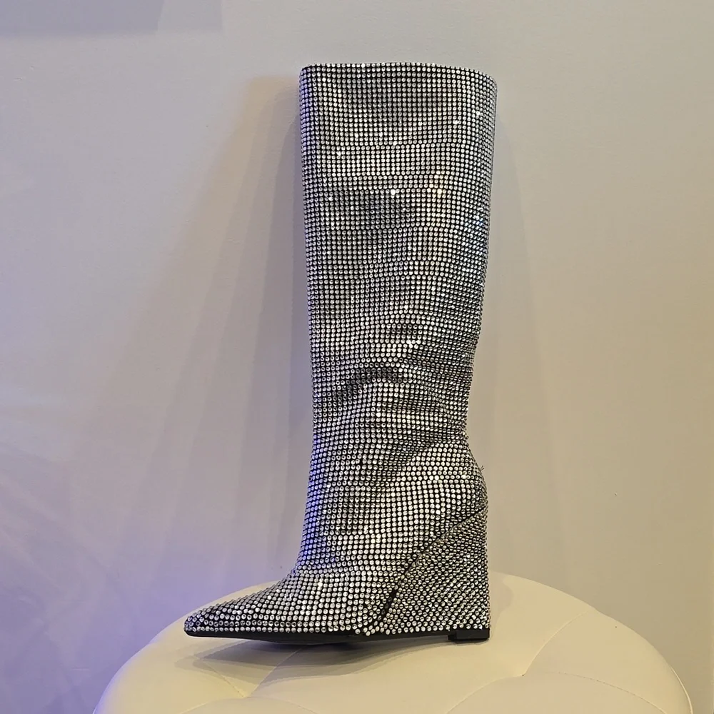 Gianna Bini Wedge Heel Rhinestone Knee High Silver BOOTS Disco Ball Cinderella - Picture 3 of 7